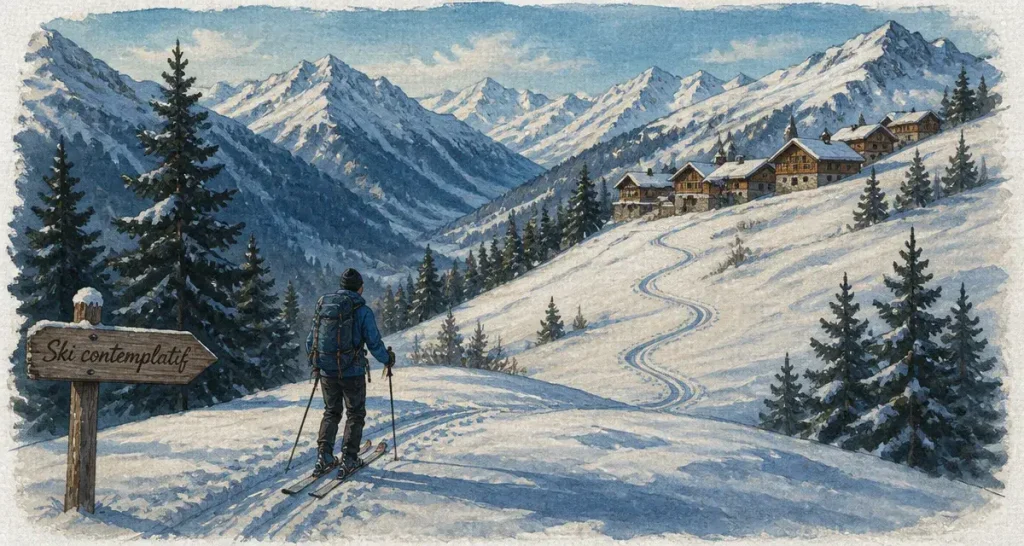 Arêche Beaufort : skieur en randonnée à skis dans les sapins, neige calme, Grand Mont