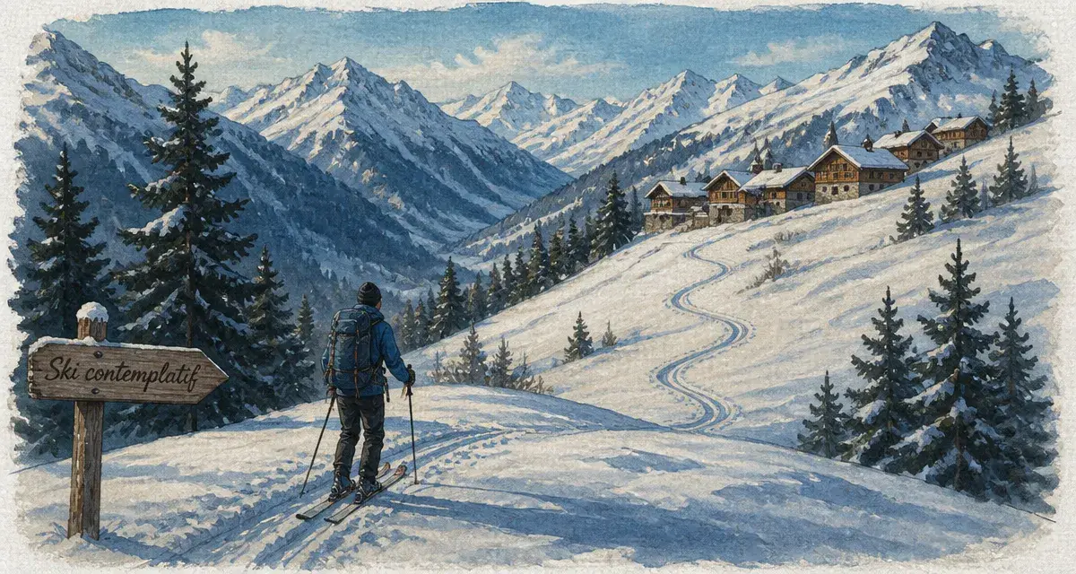 Arêche Beaufort : skieur en randonnée à skis dans les sapins, neige calme, Grand Mont