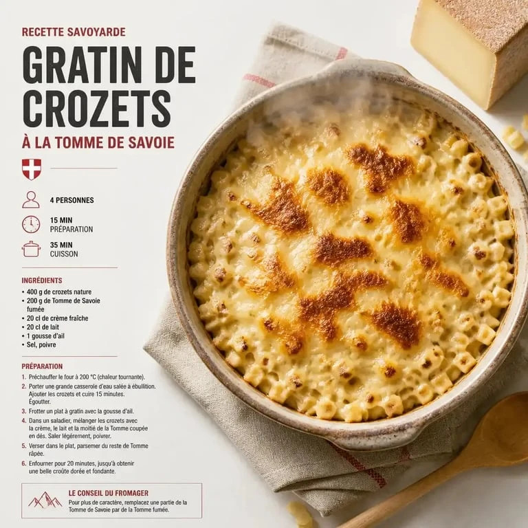 Gratin de crozets à la Tomme de Savoie, une recette gourmande et fondante