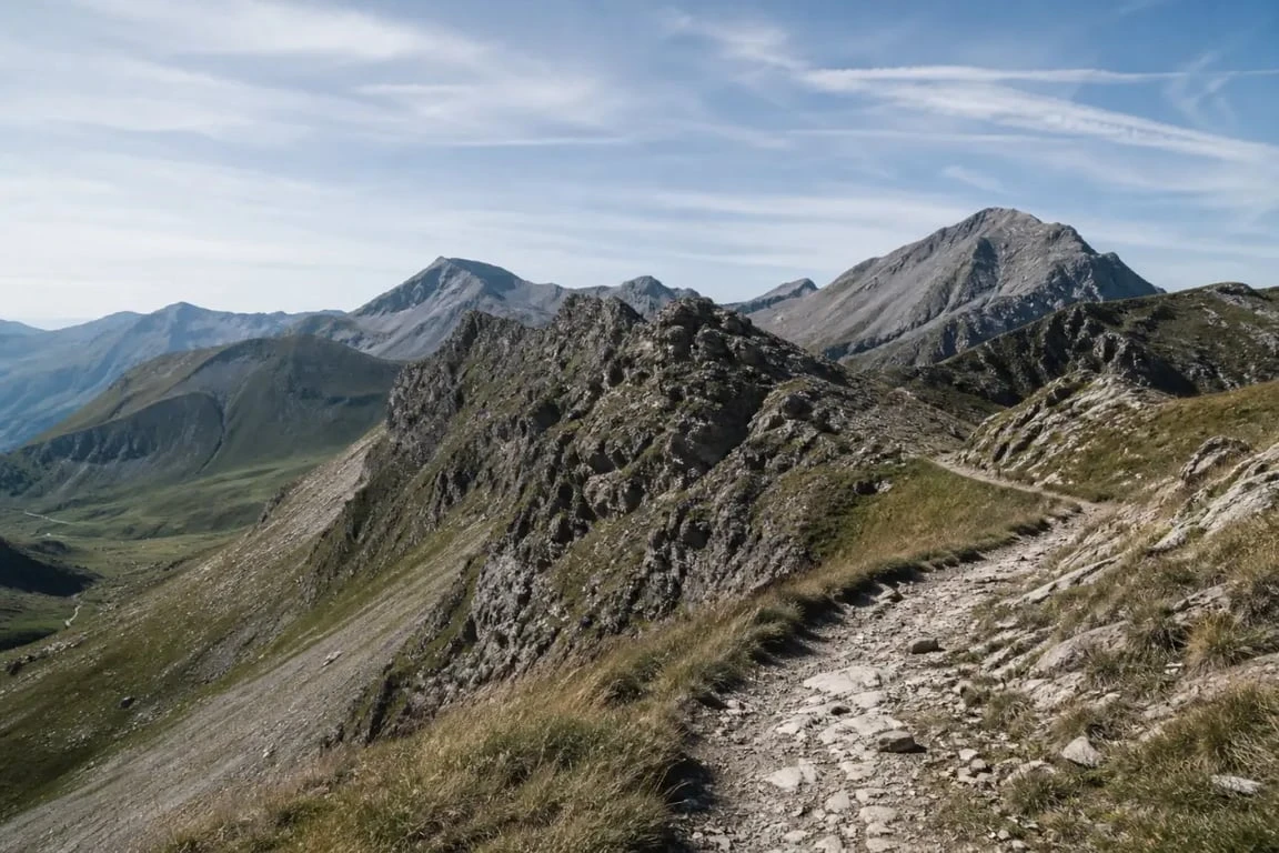 Le col de la Croix du Bonhomme en haute montagne, sentier de randonnée et crêtes alpines