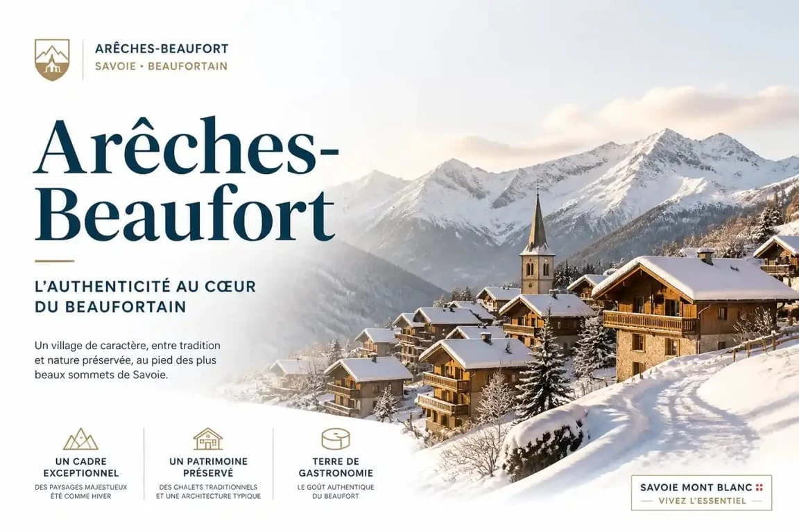 Vue panoramique des chalets traditionnels et des montagnes enneigées à Arêches-Beaufort