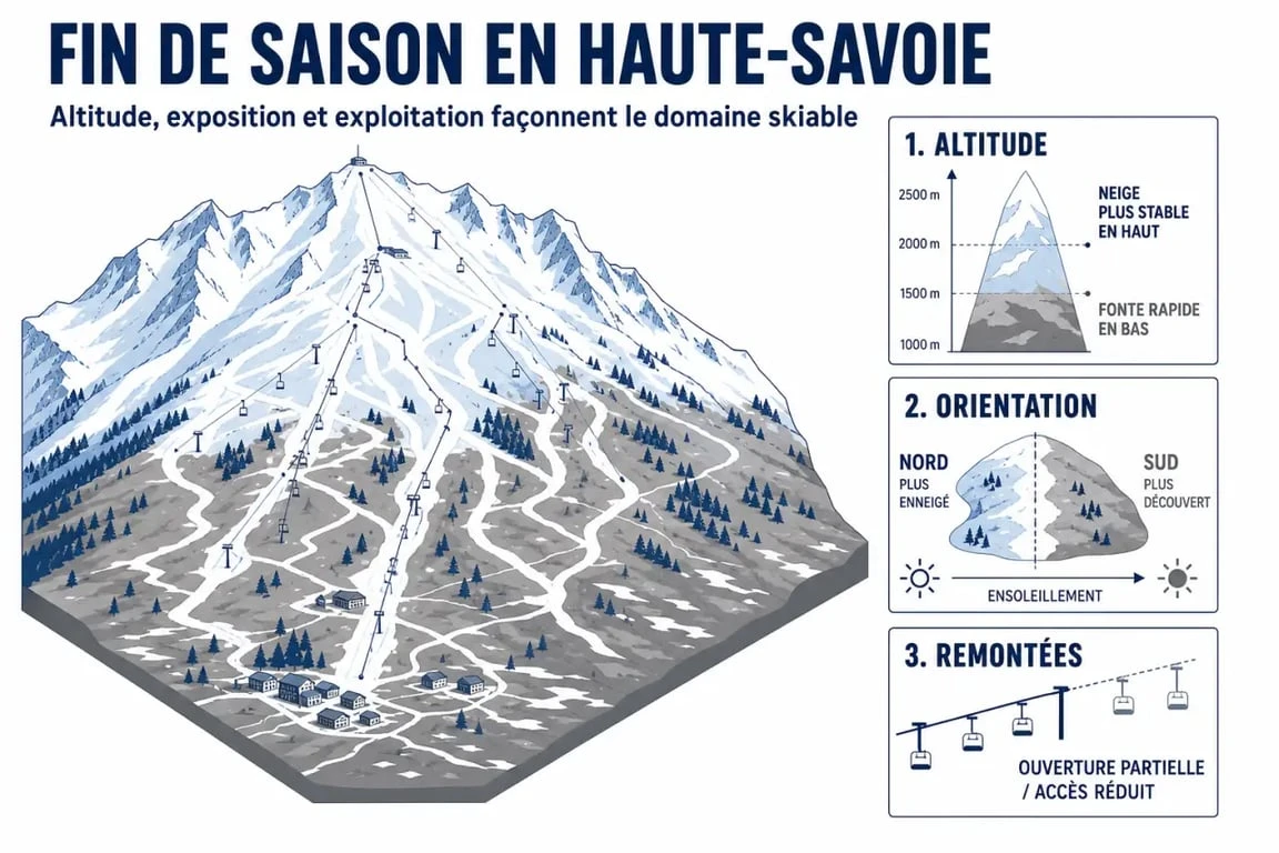 Fermeture station ski Haute-Savoie : schéma des facteurs qui accélèrent ou retardent la fermeture