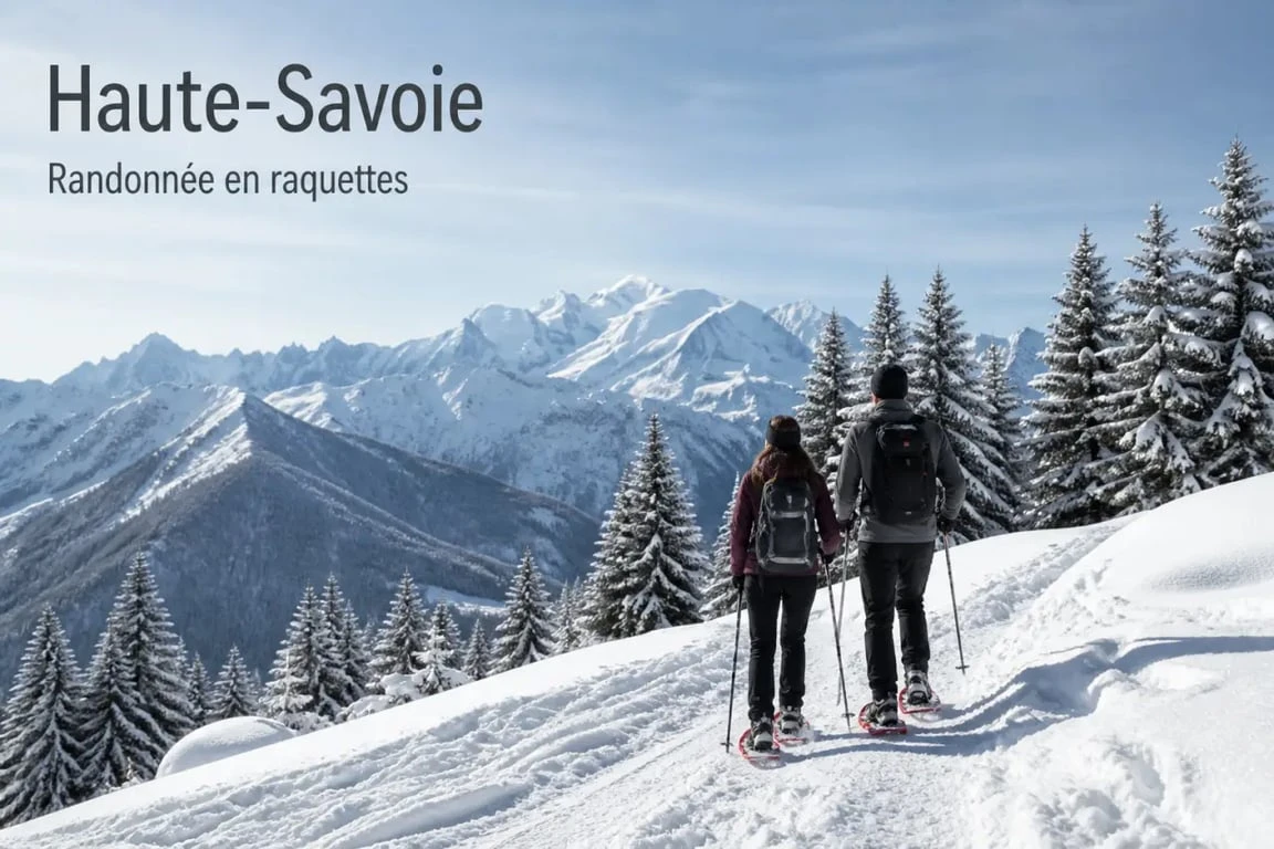 Randonnée raquette Haute Savoie dans un paysage enneigé avec vue sur le Mont-Blanc