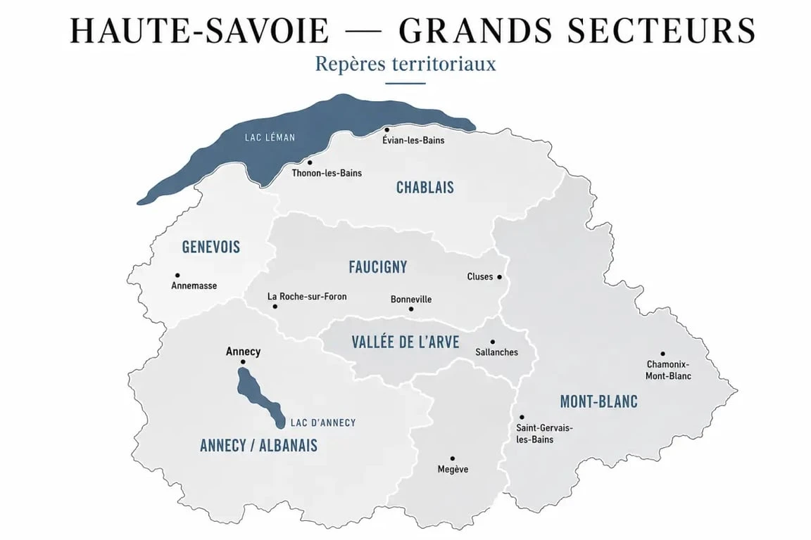 Liste des villages de Haute-Savoie : carte éditoriale des grands secteurs du département