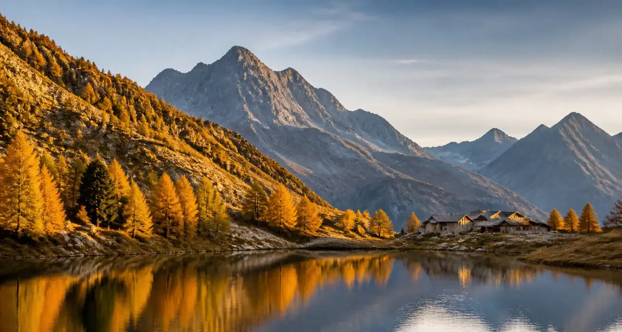 Lac alpin en Savoie au lever du jour, mélèzes dorés et sommets en arrière-plan