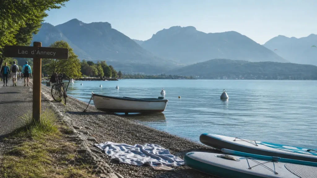 Photo du lac haute savoie d’Annecy au petit matin, plage et panorama