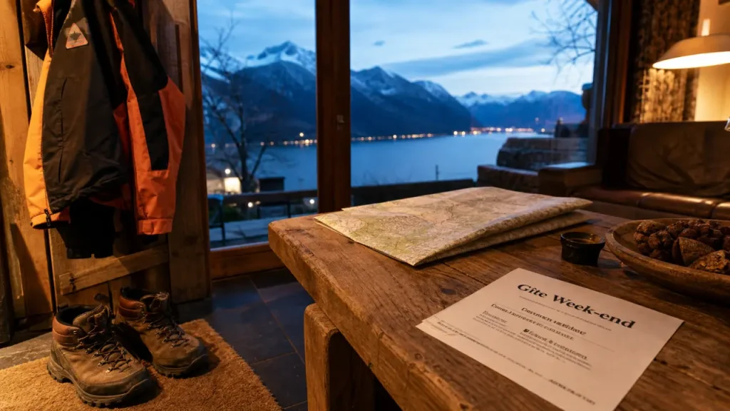 Location gite week end Savoie : entrée de gîte avec chaussures et vue sur le lac et Alpes