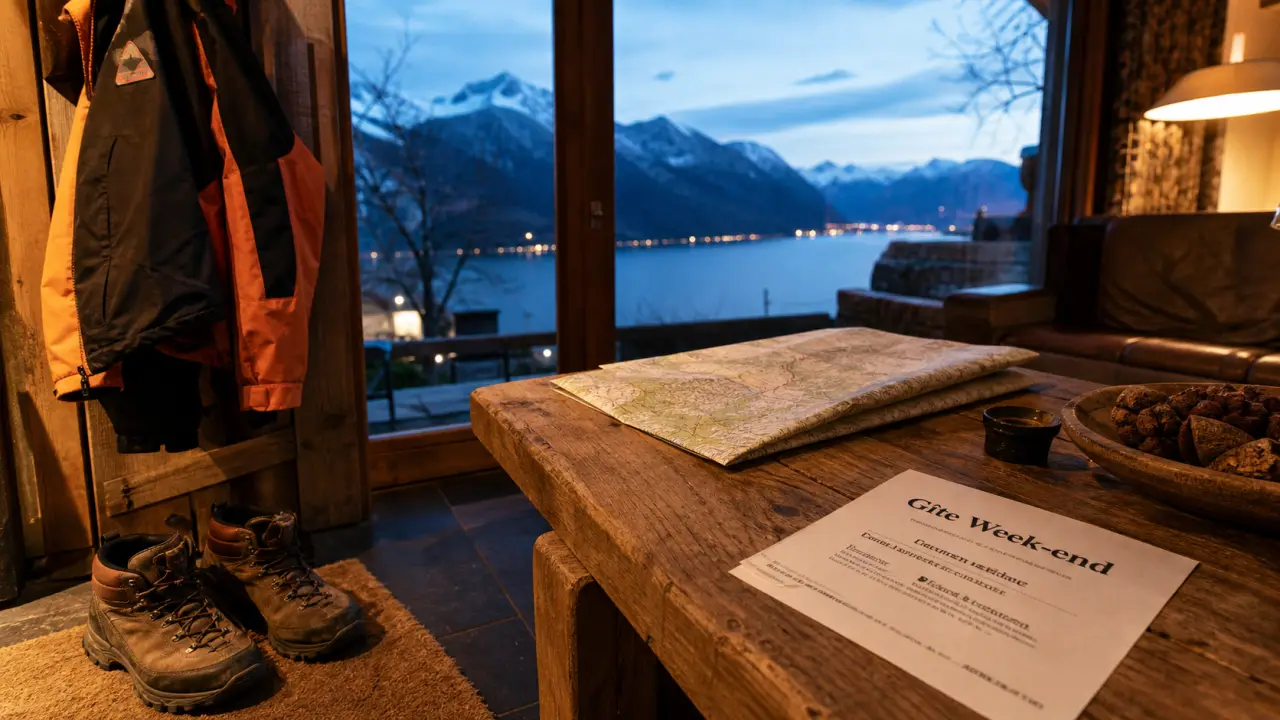 Location gite week end Savoie : entrée de gîte avec chaussures et vue sur le lac et Alpes