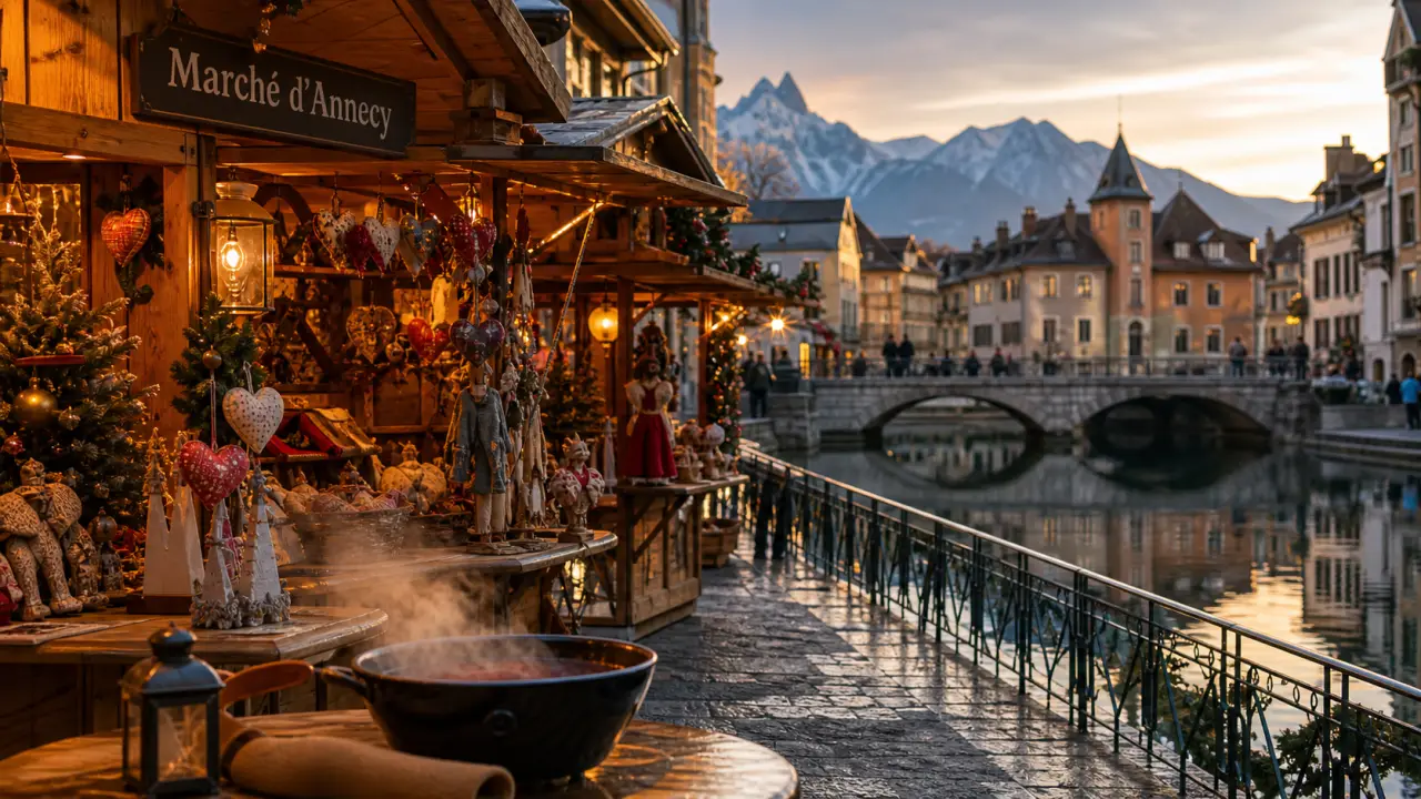 Marche de noel de annecy : chalets au quai, vin chaud et lumières
