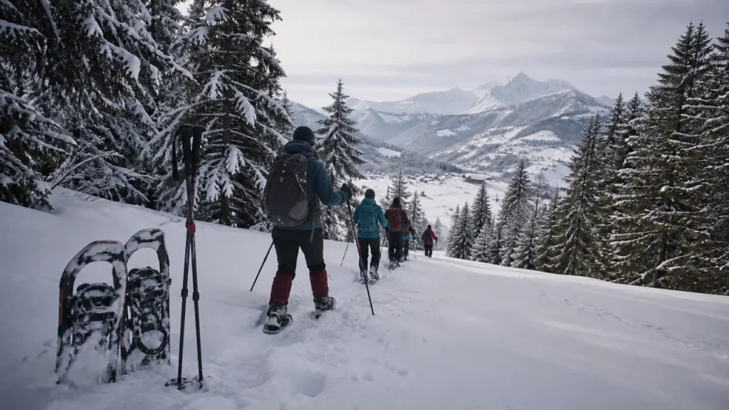 Randonnée raquette haute savoie : raquettes dans la neige, Mont-Blanc au fond