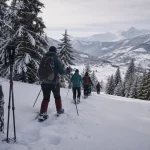 Randonnée raquette haute savoie : raquettes dans la neige, Mont-Blanc au fond