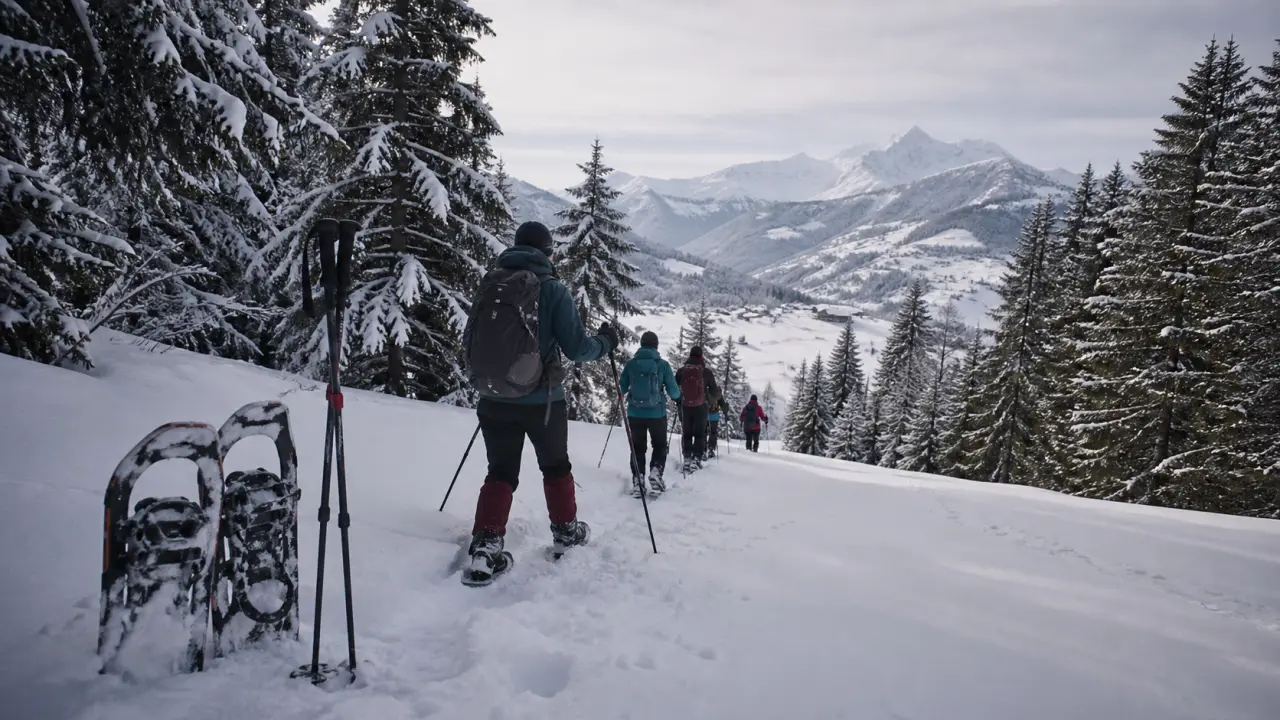 Randonnée raquette haute savoie : raquettes dans la neige, Mont-Blanc au fond