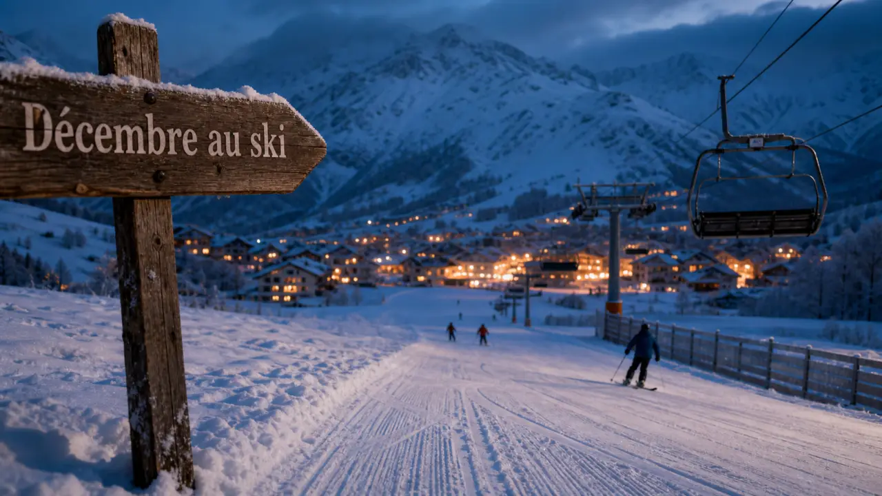 Ski en decembre : piste enneigée et village, télésiège