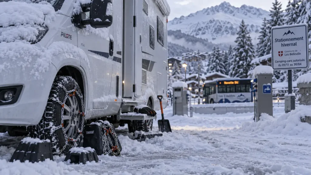 Aire de camping car station de ski Savoie, camping-car enneigé
