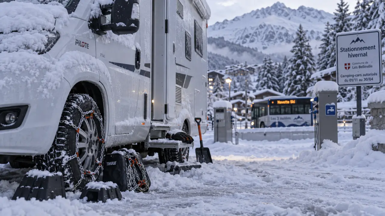 Aire de camping car station de ski Savoie, camping-car enneigé