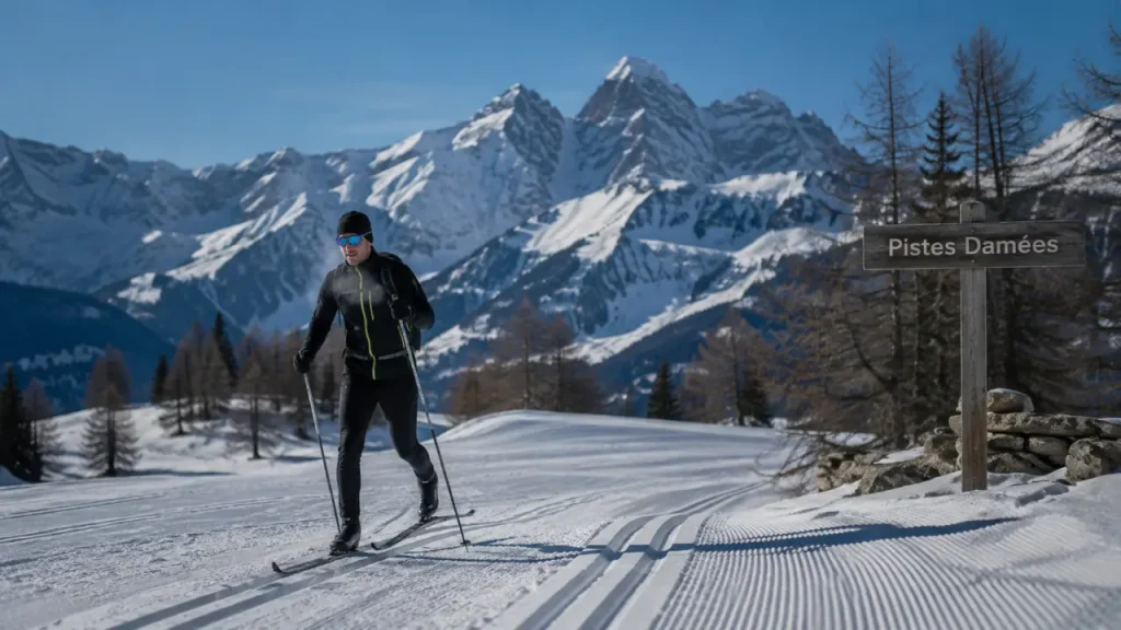 Bessans ski de fond : skieur sur piste damée, neige fraîche