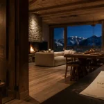 Chalet luxe la clusaz : salon avec cheminée et vue Aravis neigeuse