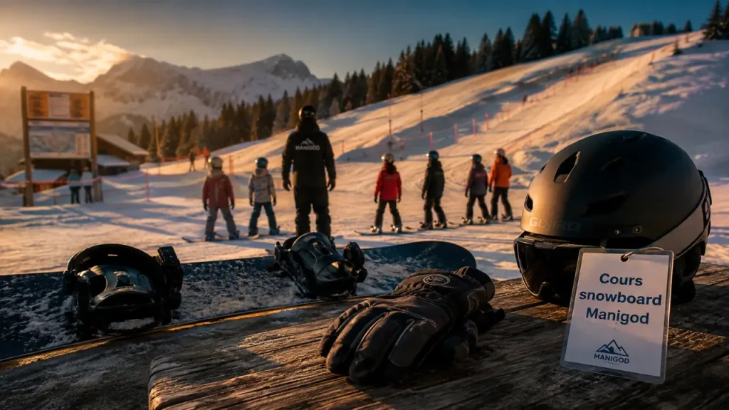 Cours de snowboard Manigod : snowboard et gants sur le parking