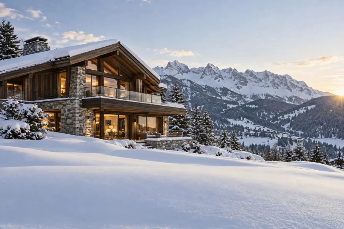 Chalet luxe La Clusaz dans un paysage enneigé des Aravis