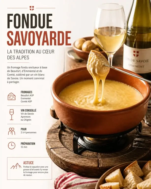 Fondue savoyarde traditionnelle avec un verre de vin blanc pour fondue savoyarde
