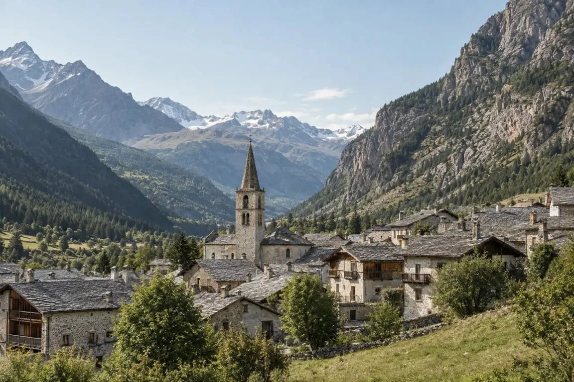 Vue panoramique de Bramans, village alpin de Haute-Maurienne entouré de montagnes