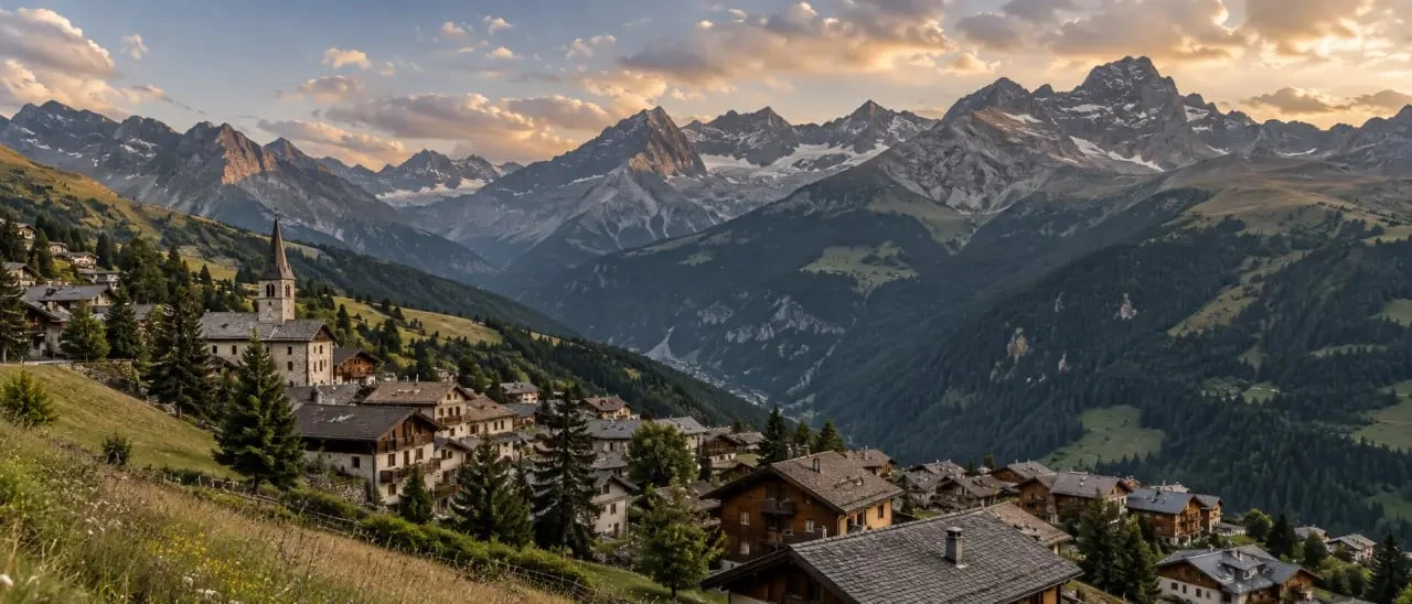 Aime Savoie tourisme : vue panoramique du village d'Aime-la-Plagne et des montagnes de Tarentaise