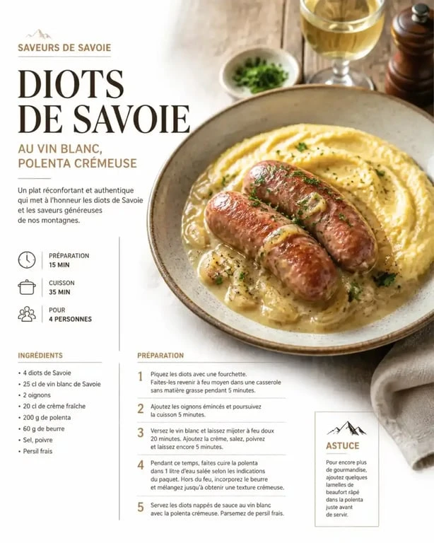 Recette traditionnelle de diots au vin blanc servis avec de la polenta