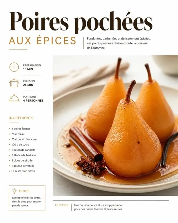Poires pochées aux épices, un dessert léger et digeste après une raclette