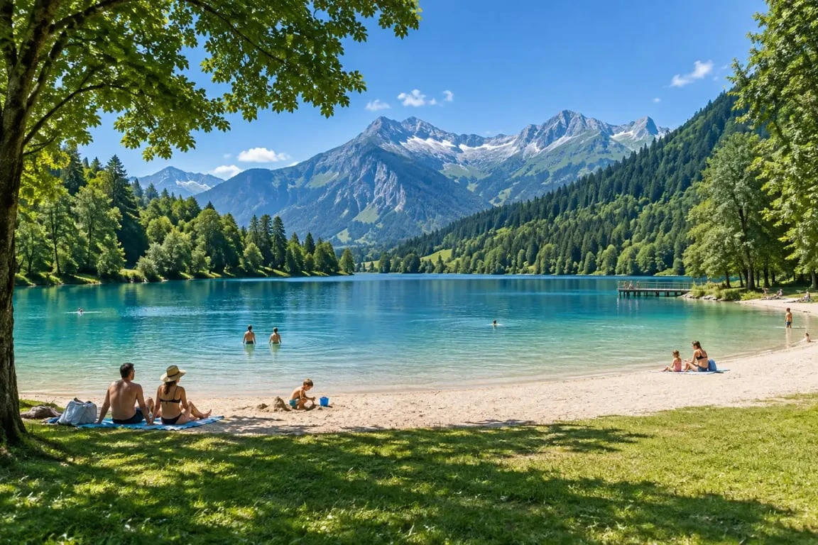 Lac Bleu de Morillon avec plage de sable et montagnes en été