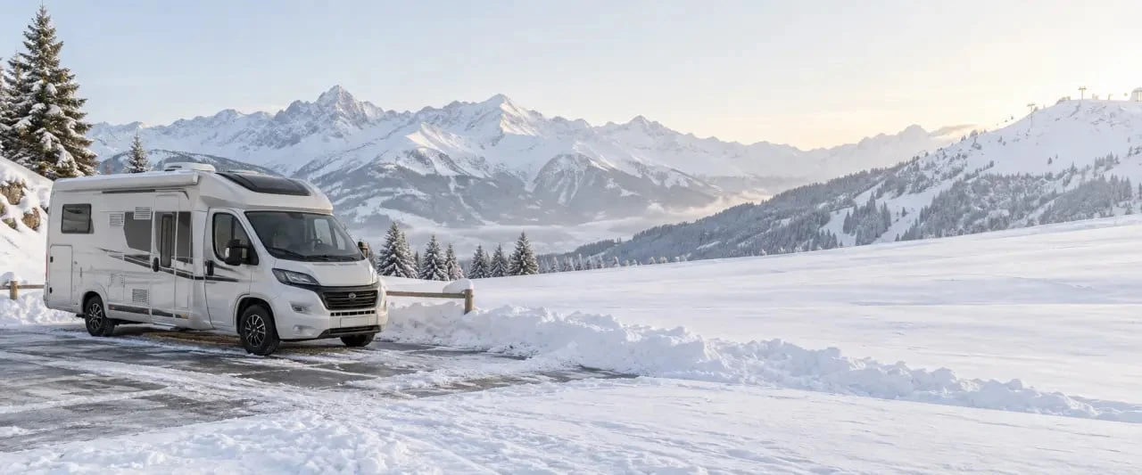 Aire de camping-car en station de ski en Savoie sous la neige