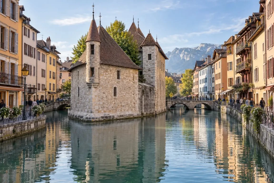Vieille ville d’Annecy avec le Palais de l’Île et les canaux du Thiou