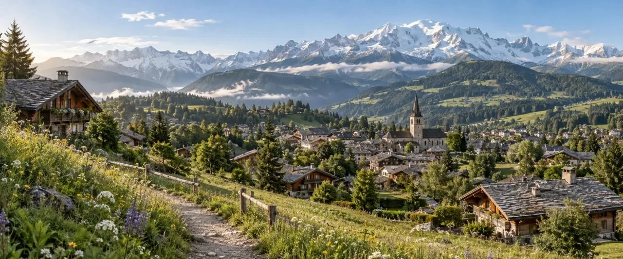 Megève été avec chalets savoyards, alpages et vue sur le Mont-Blanc