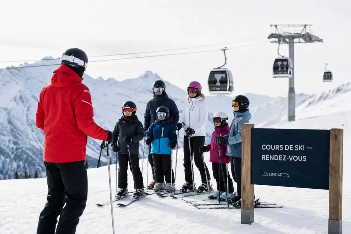 Point de rendez-vous des cours de ski montriond les lindarets aux Lindarets avec moniteur et groupe de skieurs devant les montagnes