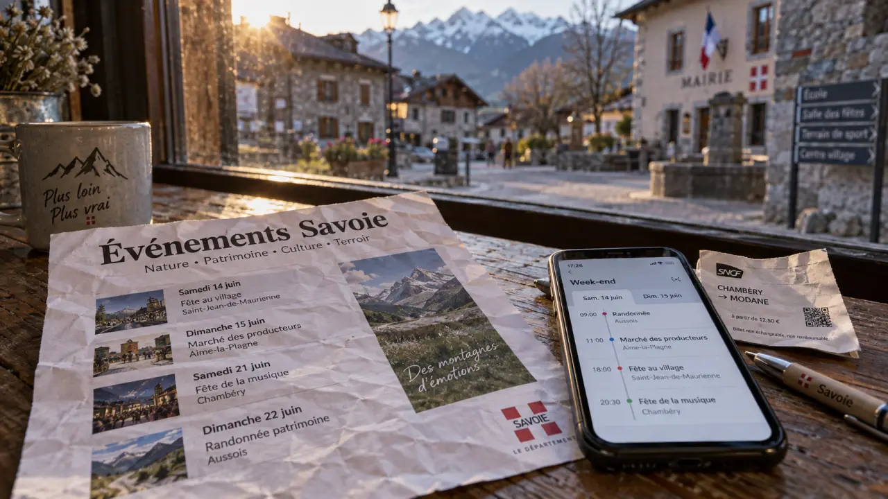 Evenement savoie : fiche d’events sur table près d’un agenda du week-end