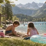 lac bleu morillon, baignade sur la plage, famille au lac