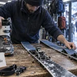 Location ski de randonnée Haute Savoie : conseiller vérifie chaussures et peaux de phoque