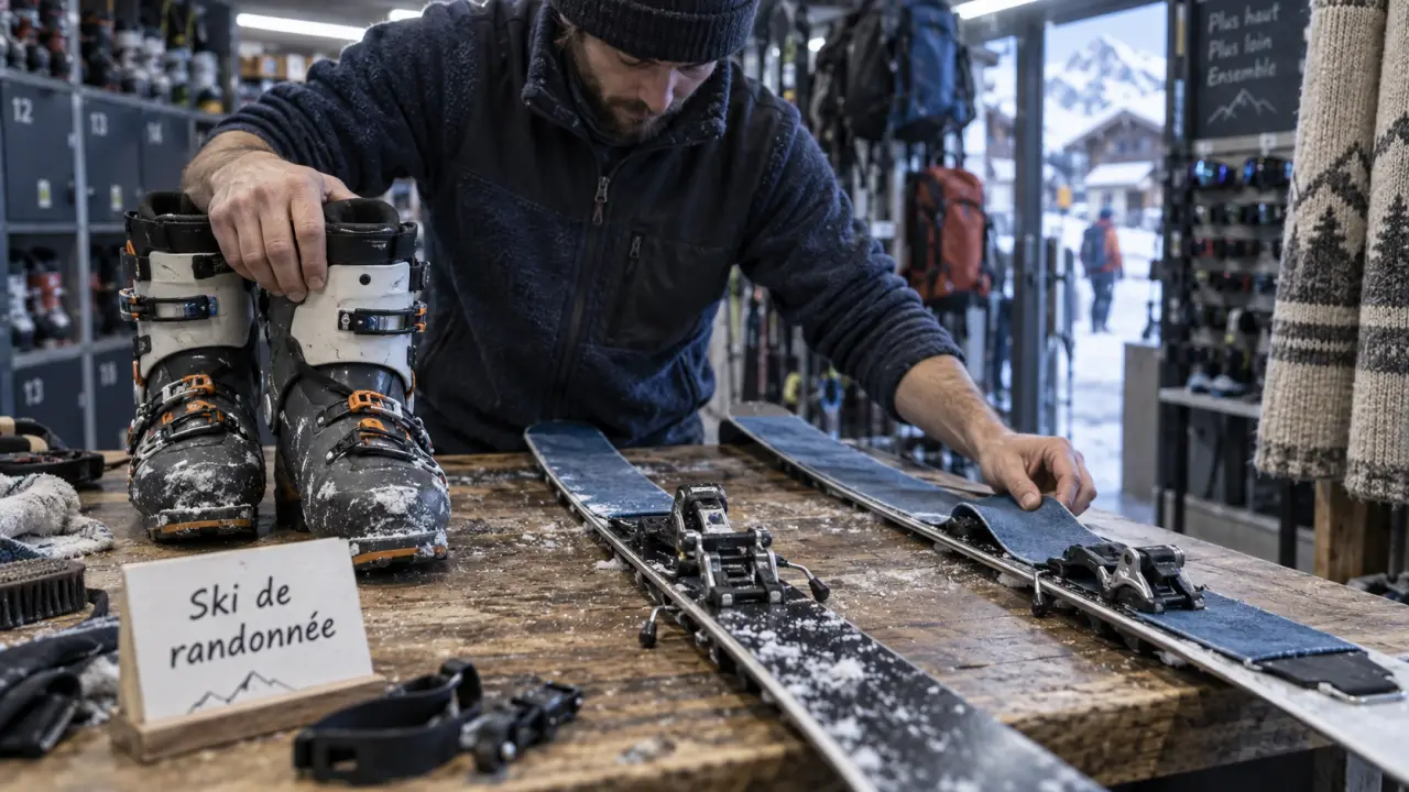 Location ski de randonnée Haute Savoie : conseiller vérifie chaussures et peaux de phoque