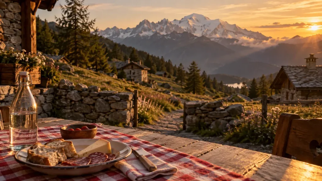 Megeve ete : vue alpages, lac de Javen et Mont-Blanc depuis une terrasse