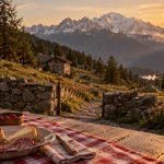 Megeve ete : vue alpages, lac de Javen et Mont-Blanc depuis une terrasse