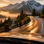 Road trip alpes : route vers un col, lac d’altitude, sommets enneigés