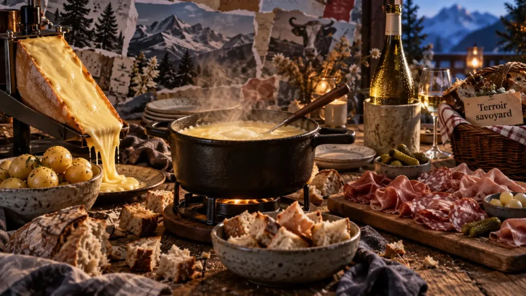 Spécialités savoie : raclette au reblochon, charcuterie, vin blanc et pommes de terre