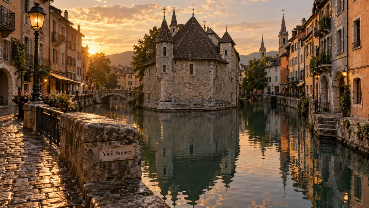 Vieille ville Annecy : Palais de l’Île et canaux, reflets du Thiou