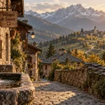 Villages de Savoie : ruelle pavée, fontaine en pierre et alpage