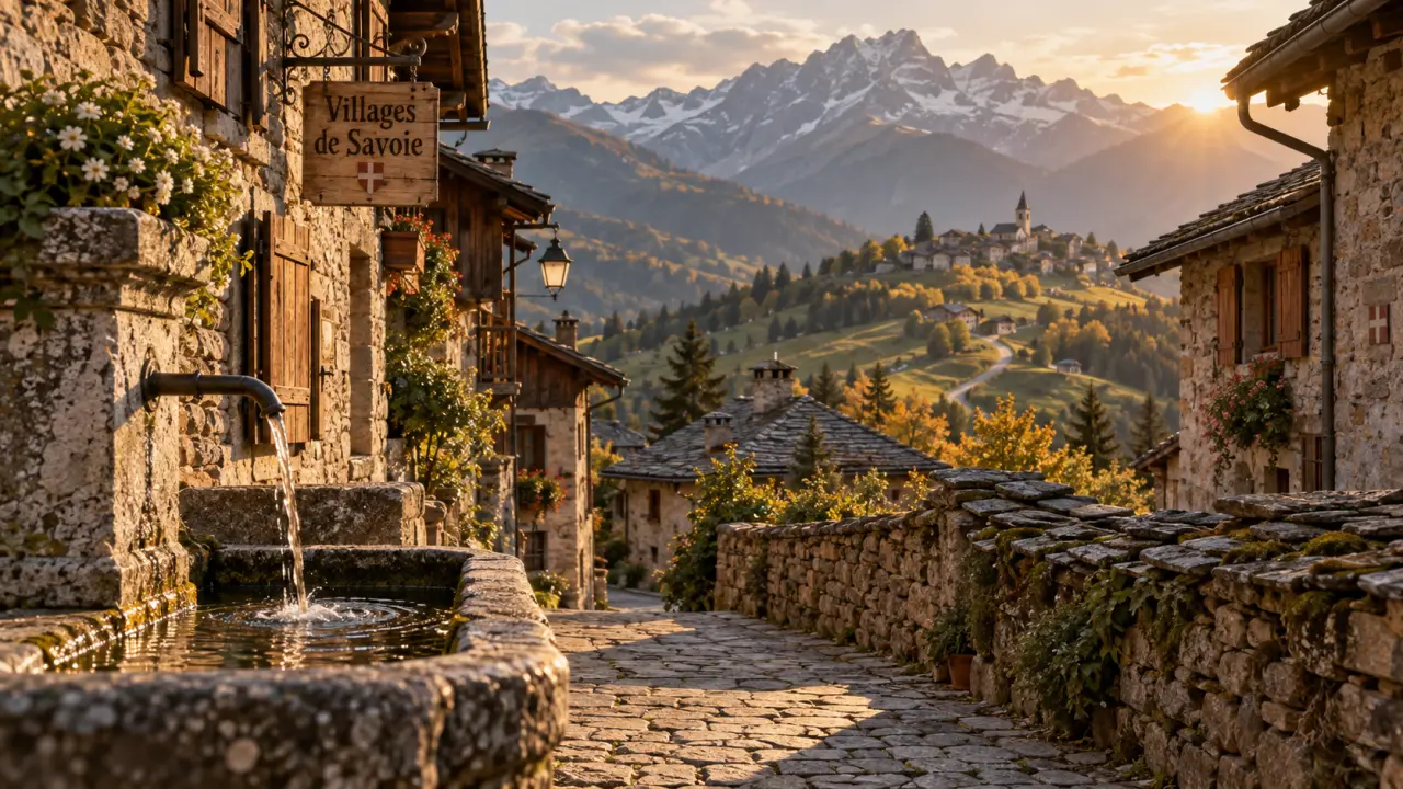 Villages de Savoie : ruelle pavée, fontaine en pierre et alpage