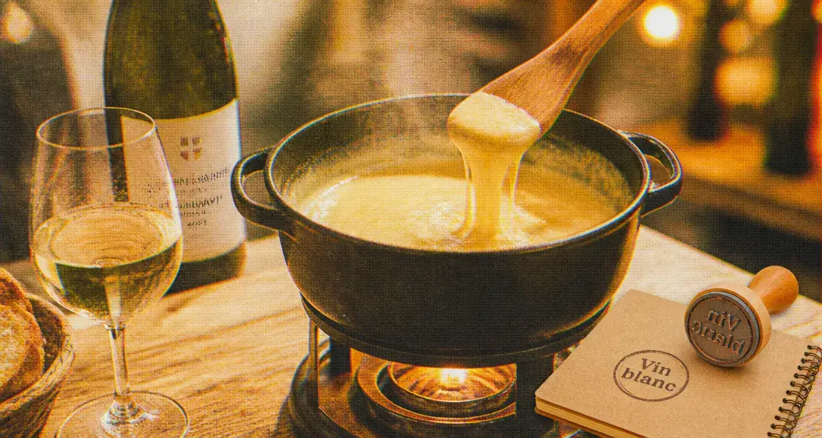Vin blanc pour fondue savoyarde : verre et caquelon fumant