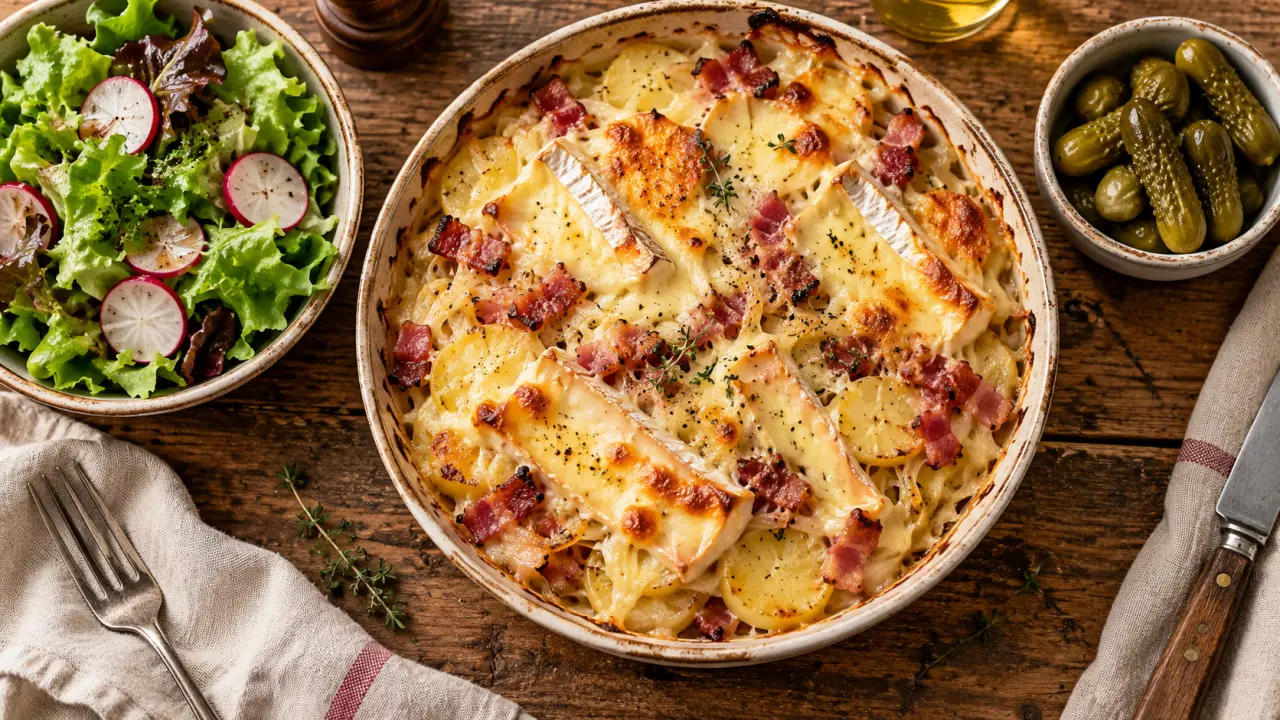 Accompagnement tartiflette : salade croquante et cornichons, assiette de tartiflette