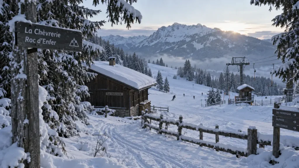 Bellevaux-La Chèvrerie est le point de départ du Roc d’Enfer, pas des Portes du Soleil skis aux pieds