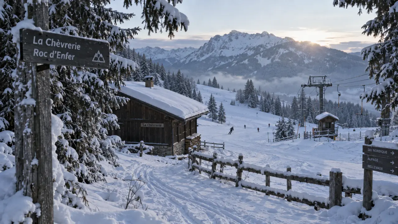Bellevaux La Chèvrerie, départ skis Roc d’Enfer, neige et sapins
