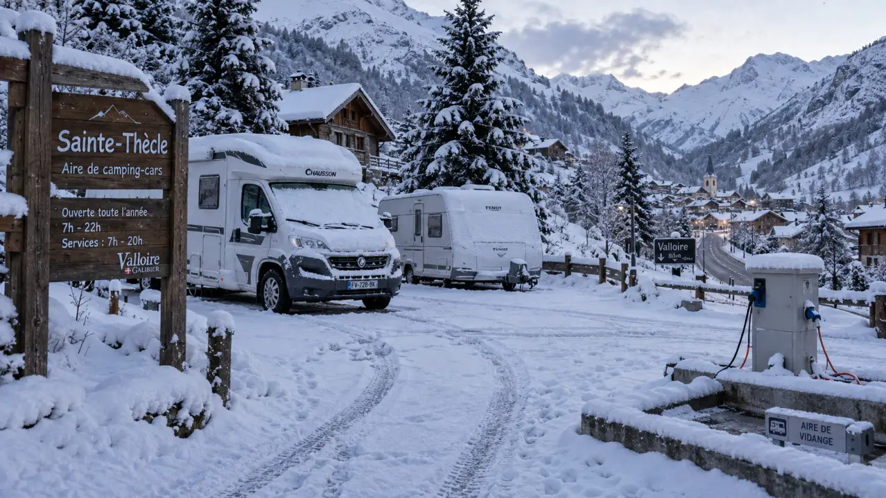 Camping valloire : Sainte-Thècle à 400 m, place camping-car enneigée, arrivée hiver