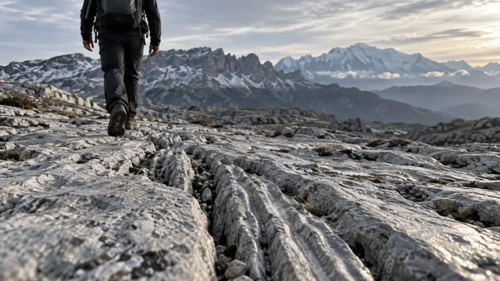 Désert de platé : lapiaz calcaire face au Mont-Blanc, brume froide